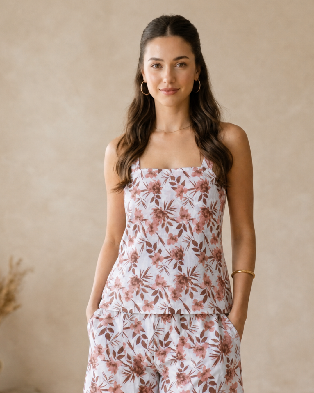 White Floral Printed Sleeveless Cotton Co-ord Set