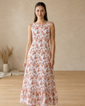 White Floral Printed Sleeveless Cotton Maxi Dress
