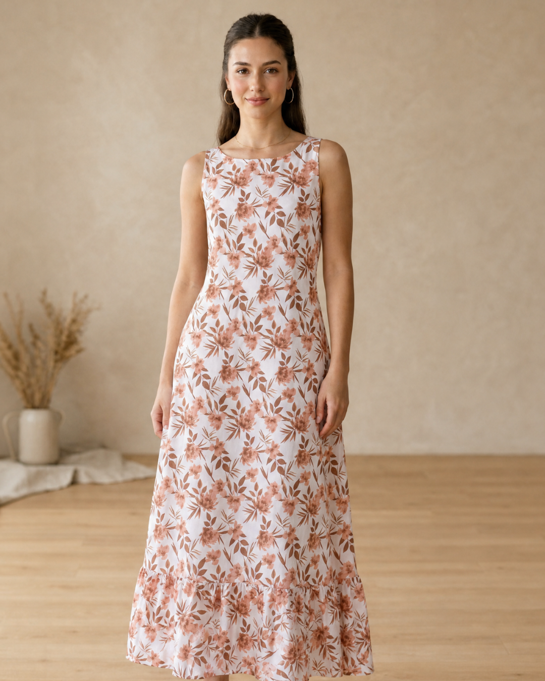 White Floral Printed Sleeveless Cotton Maxi Dress