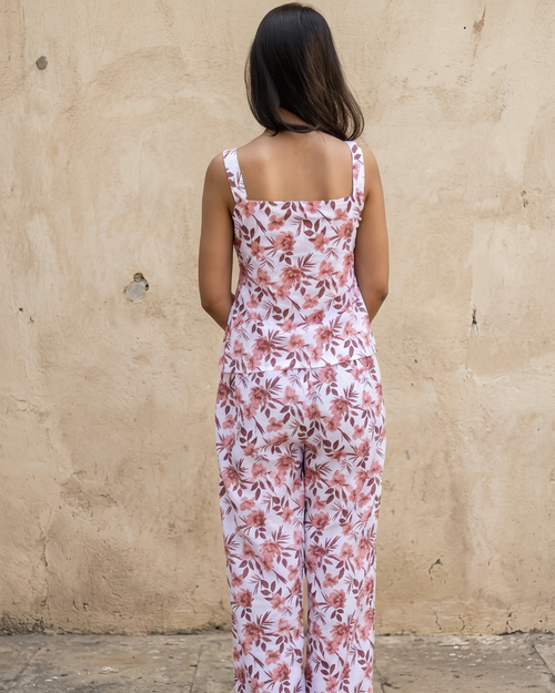 White Floral Printed Sleeveless Cotton Co-ord Set