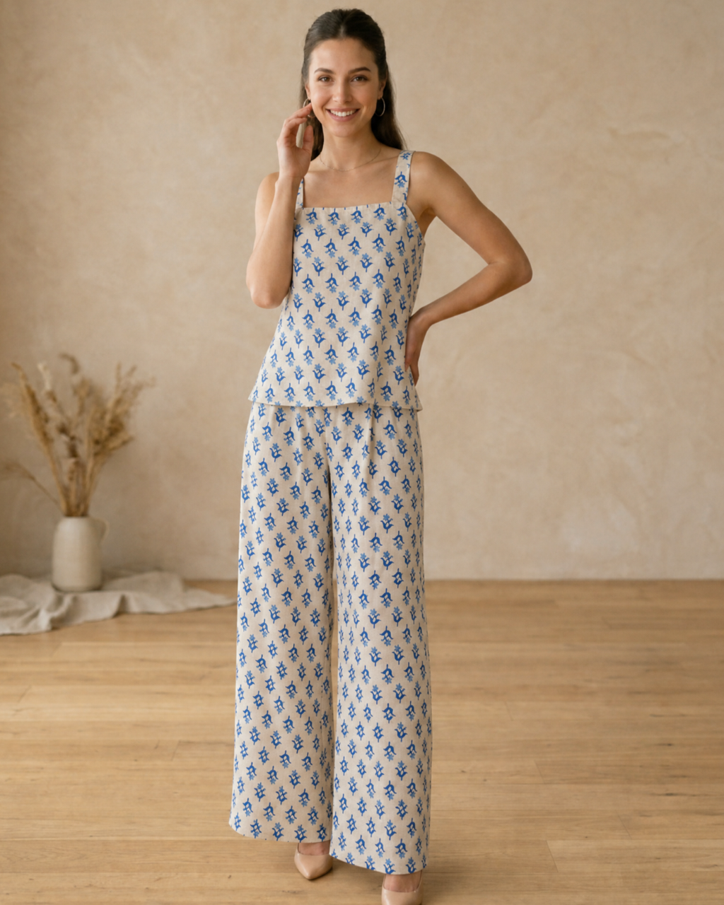 White Blue Floral Printed Sleeveless Cotton Co-ord Set