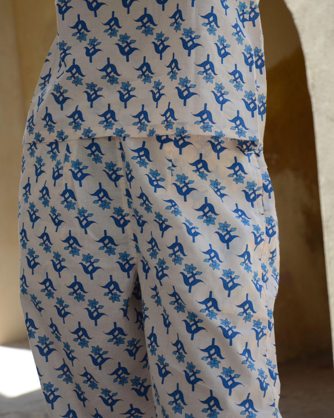White Blue Floral Printed Sleeveless Cotton Co-ord Set