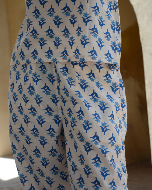 White Blue Floral Printed Sleeveless Cotton Co-ord Set